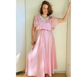 Vintage 70s Pink Formal Dress/Gown Bridesmaid SZ 6/8 Lace Collar Ankle Length
